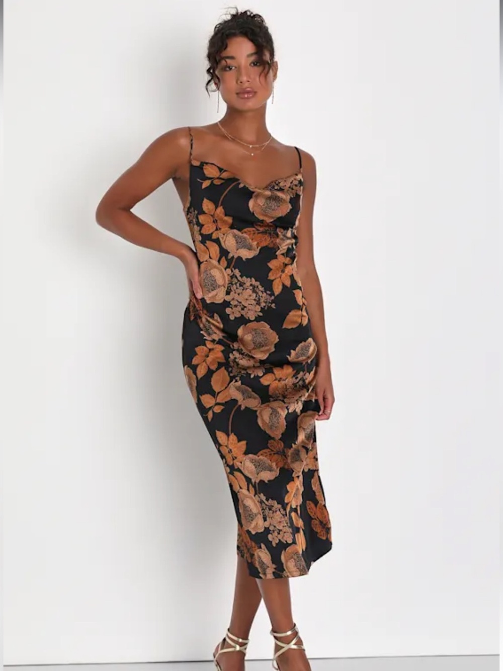 NWOT Lulus Women’s Favorite Black Floral Satin Cowl Neck Slip Dress size XS